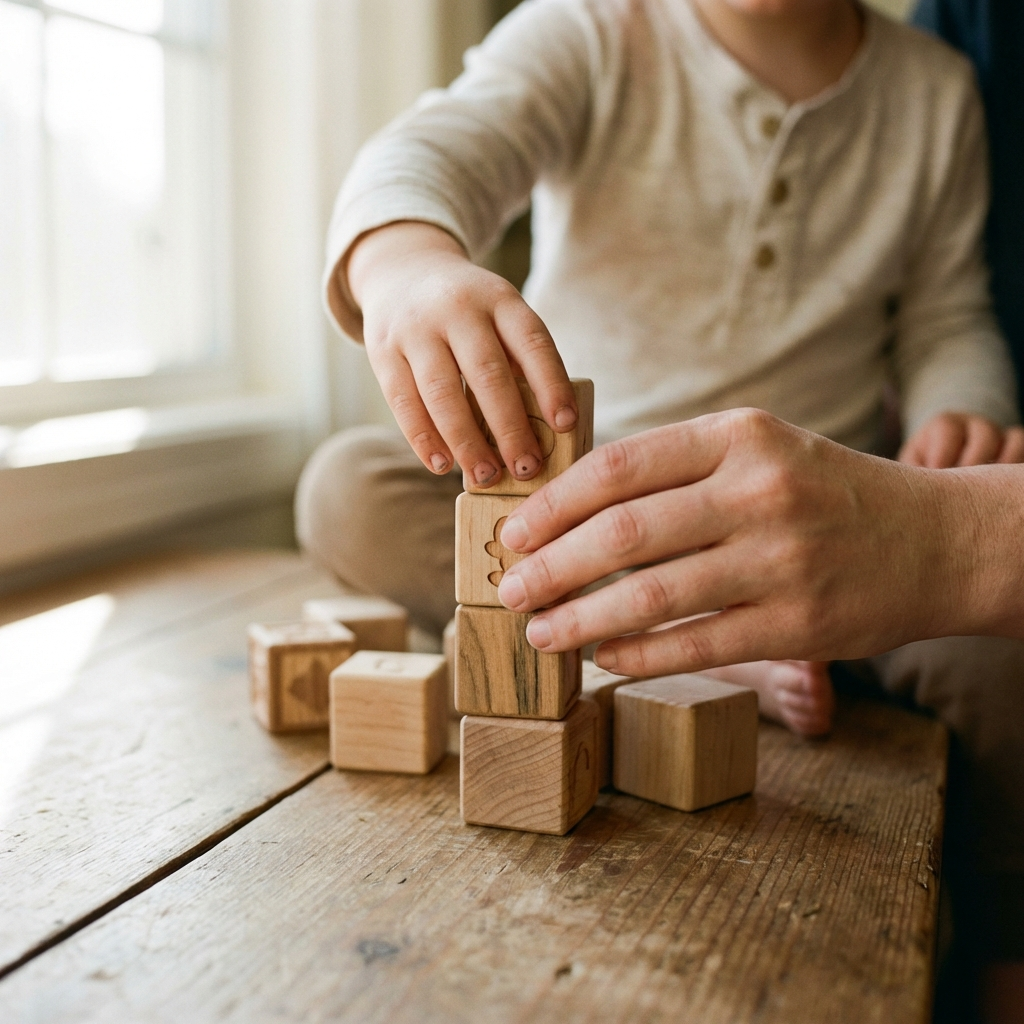 Child building with wooden blocks in a calm, supportive learning space